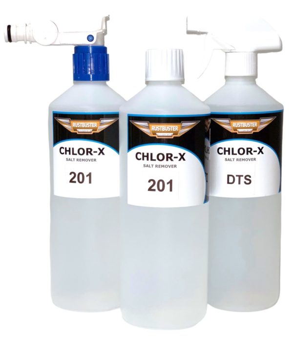 "Chlor-X Salt Remover bottles for removing salt contamination from metal surfaces before painting or rustproofing"